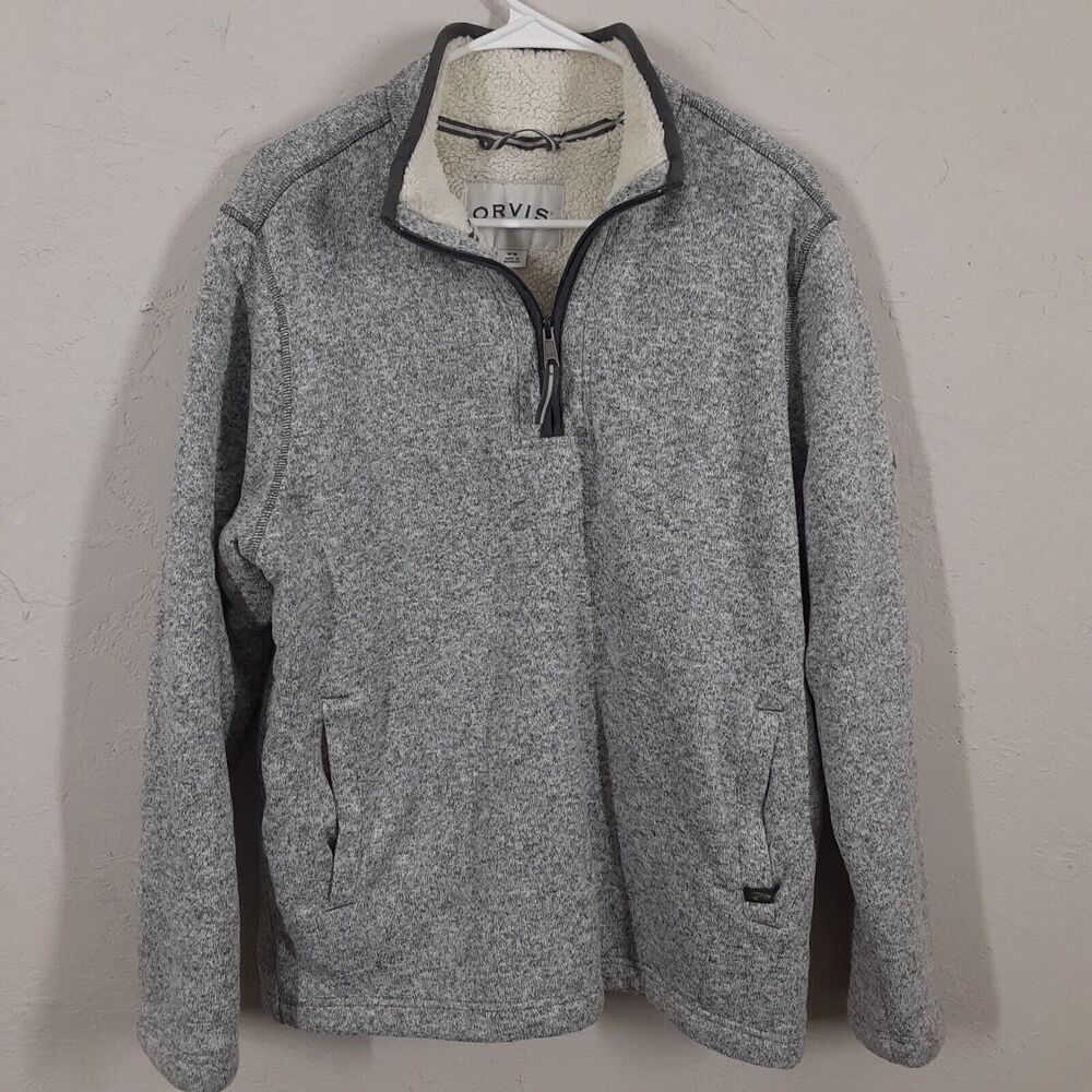Orvis 1/4 Zip Sherpa Fleece Lined Pullover Sweater Heather Gray Mens Size M YKK